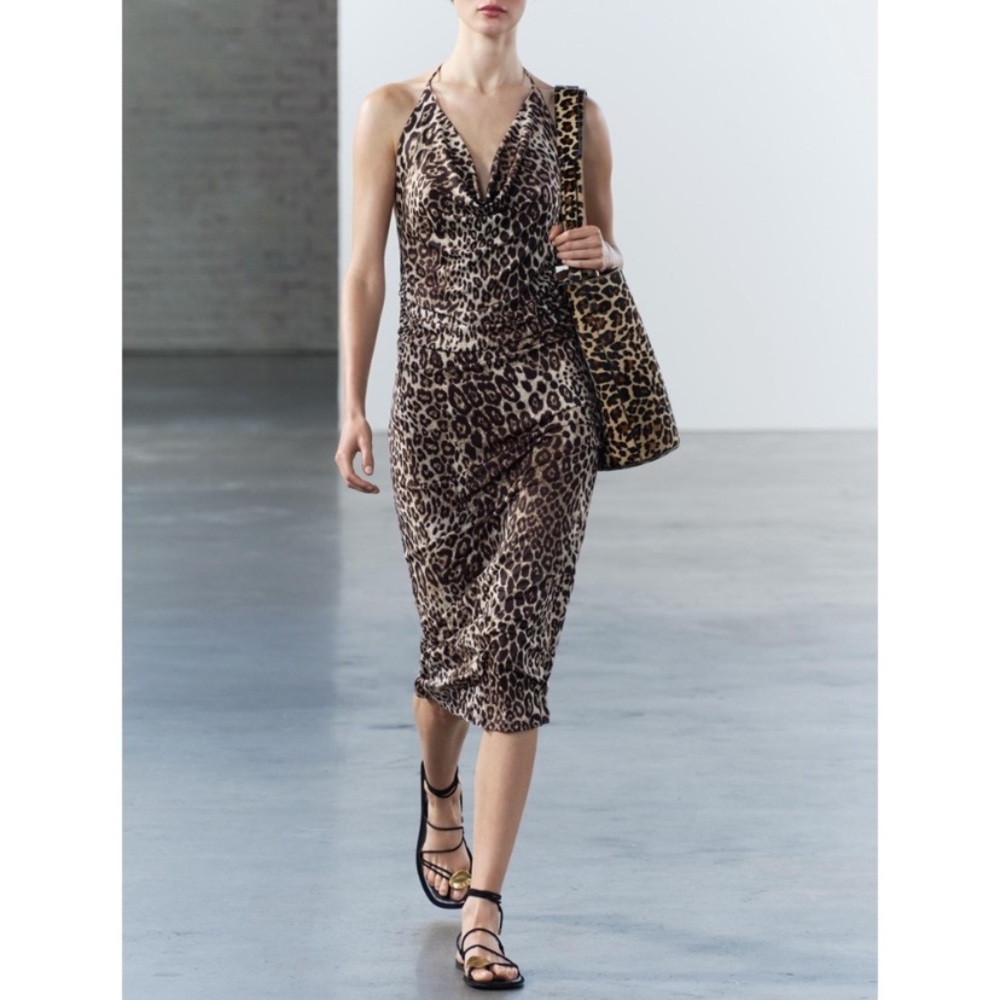 Zara leopard animal print draped midi dress - Picture 1 of 14
